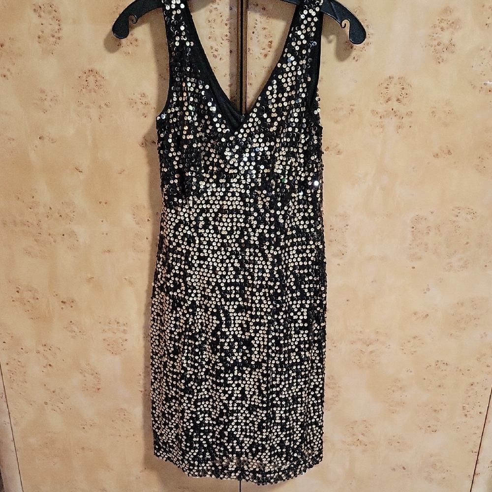 AB Studio Black and Gold Sequin Backless Dress